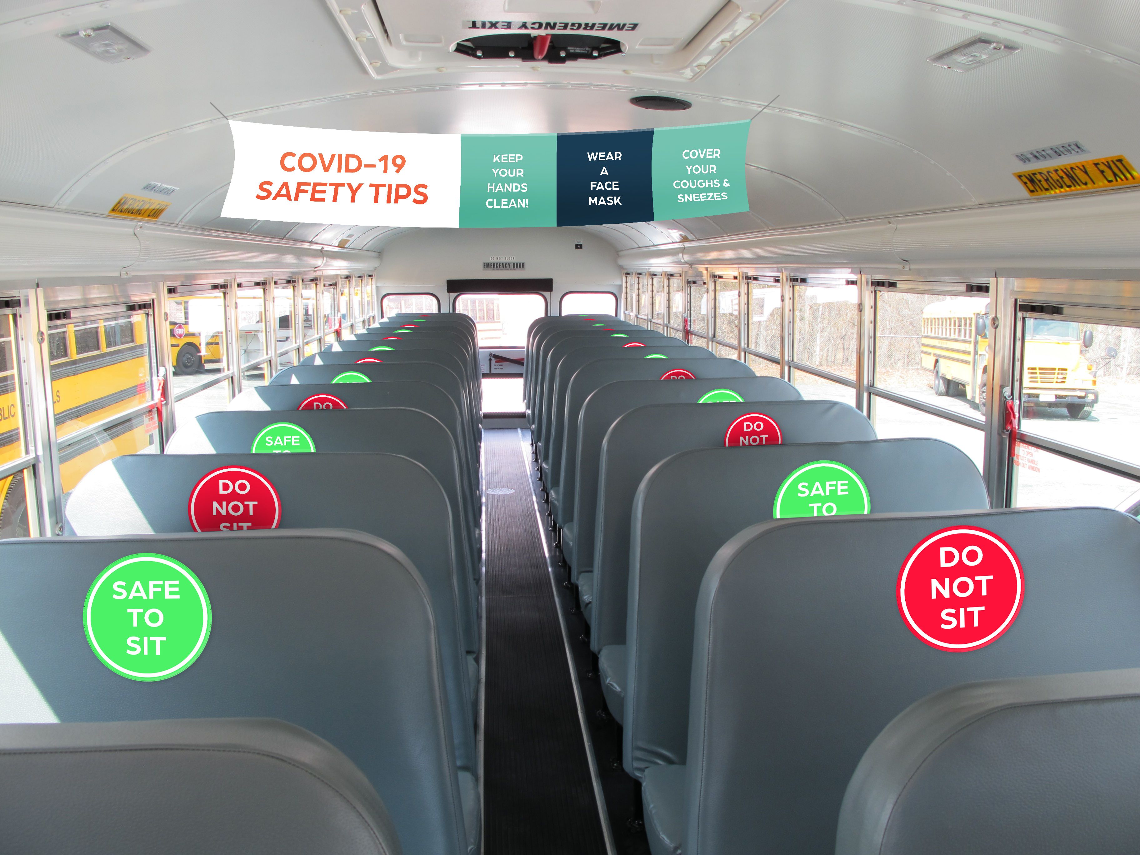 School Bus Interior with Social Distancing Graphics and Hygiene Signs